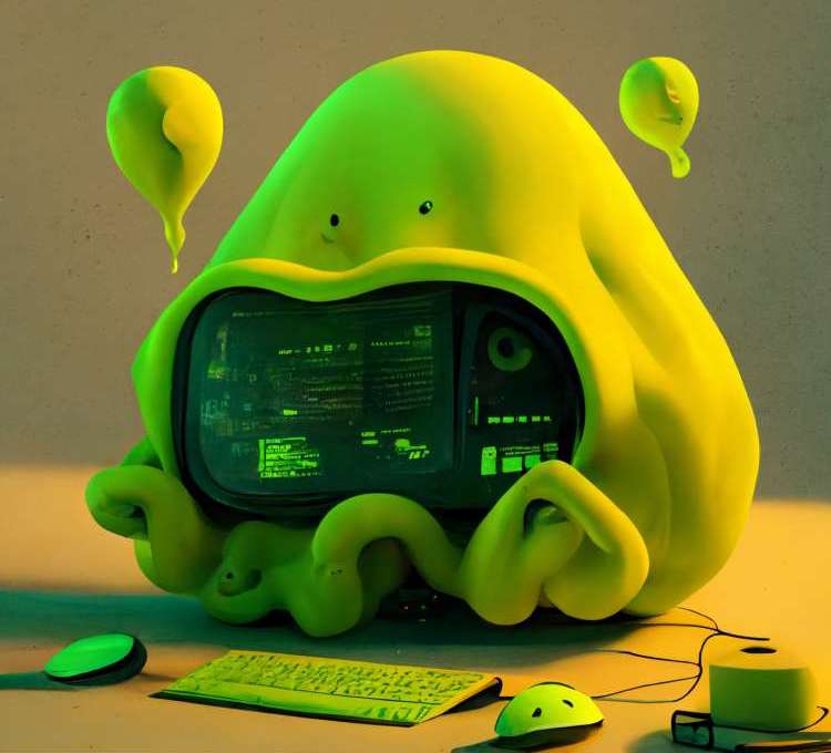 A green monster with googly eyes eating an old school computer screen