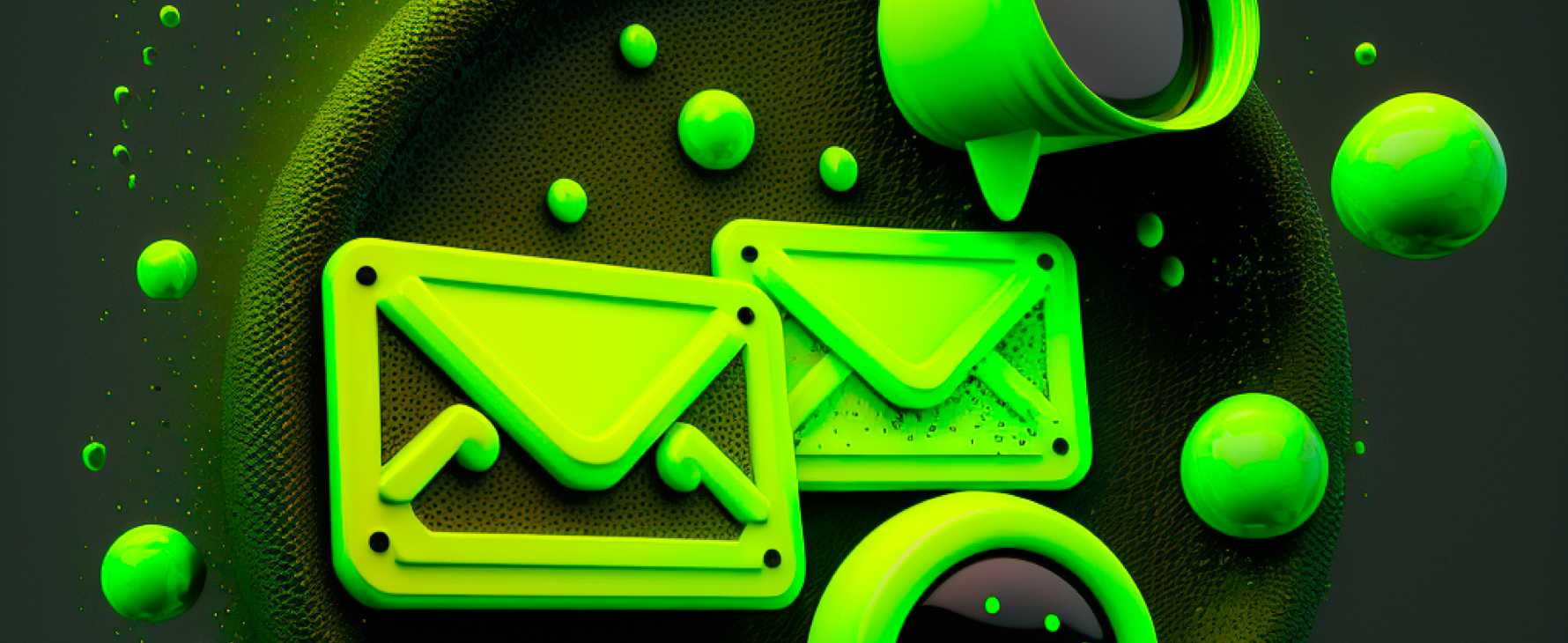 Neon green 3D email icons and globes floating large in the center